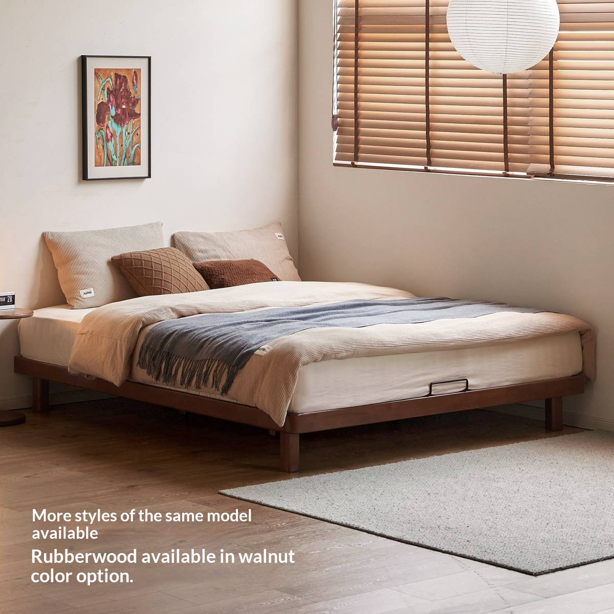 Beech, Rubberwood Solid Wood Platform Bed, Headboard-Free Bed with Flat Edge