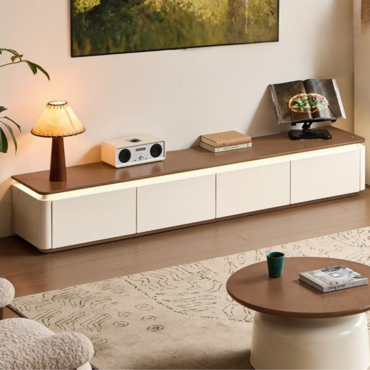 Solid RubberWood TV Stand with Two-Tone Color Block Design and Built-In Ambient Light