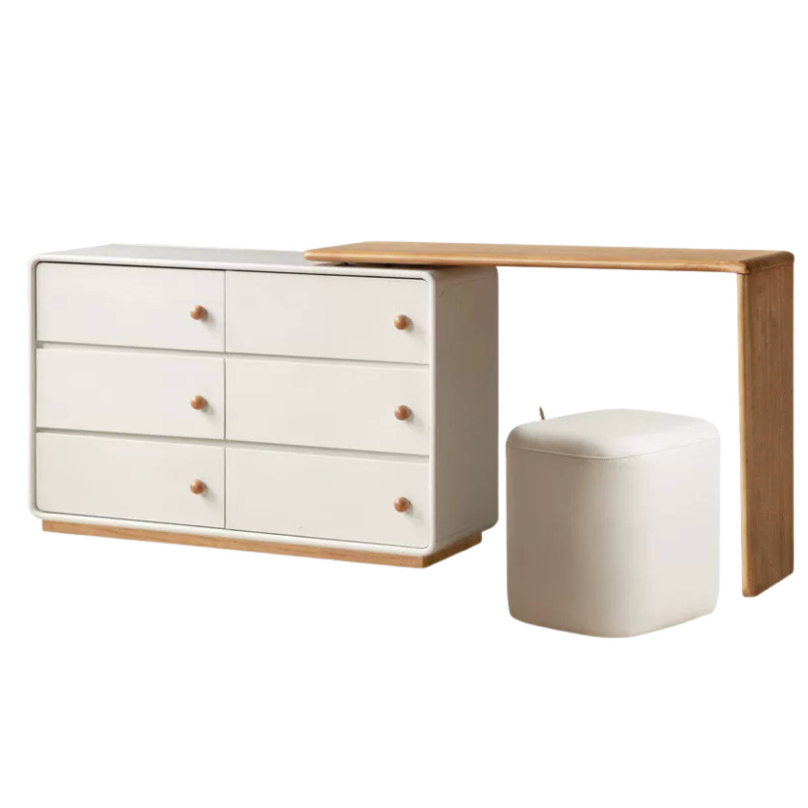 Solid Rubberwood Dresser with Attached Vanity Desk Extension