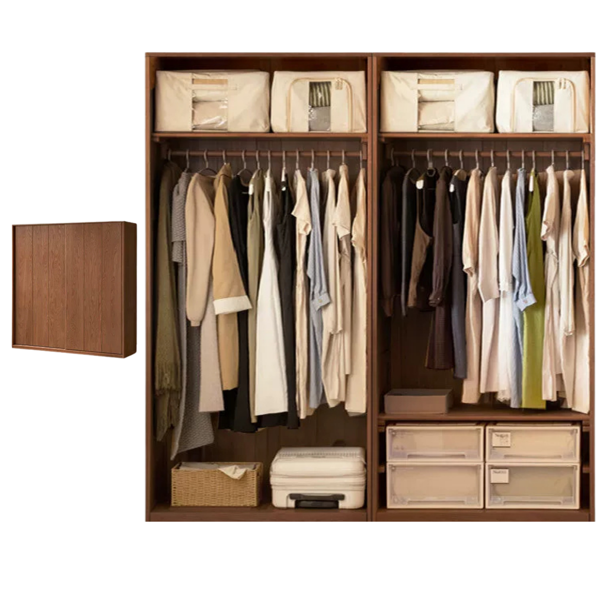 Oak Solid Wood Modern Wardrobe with Hybrid Hinged and Sliding Door Layout