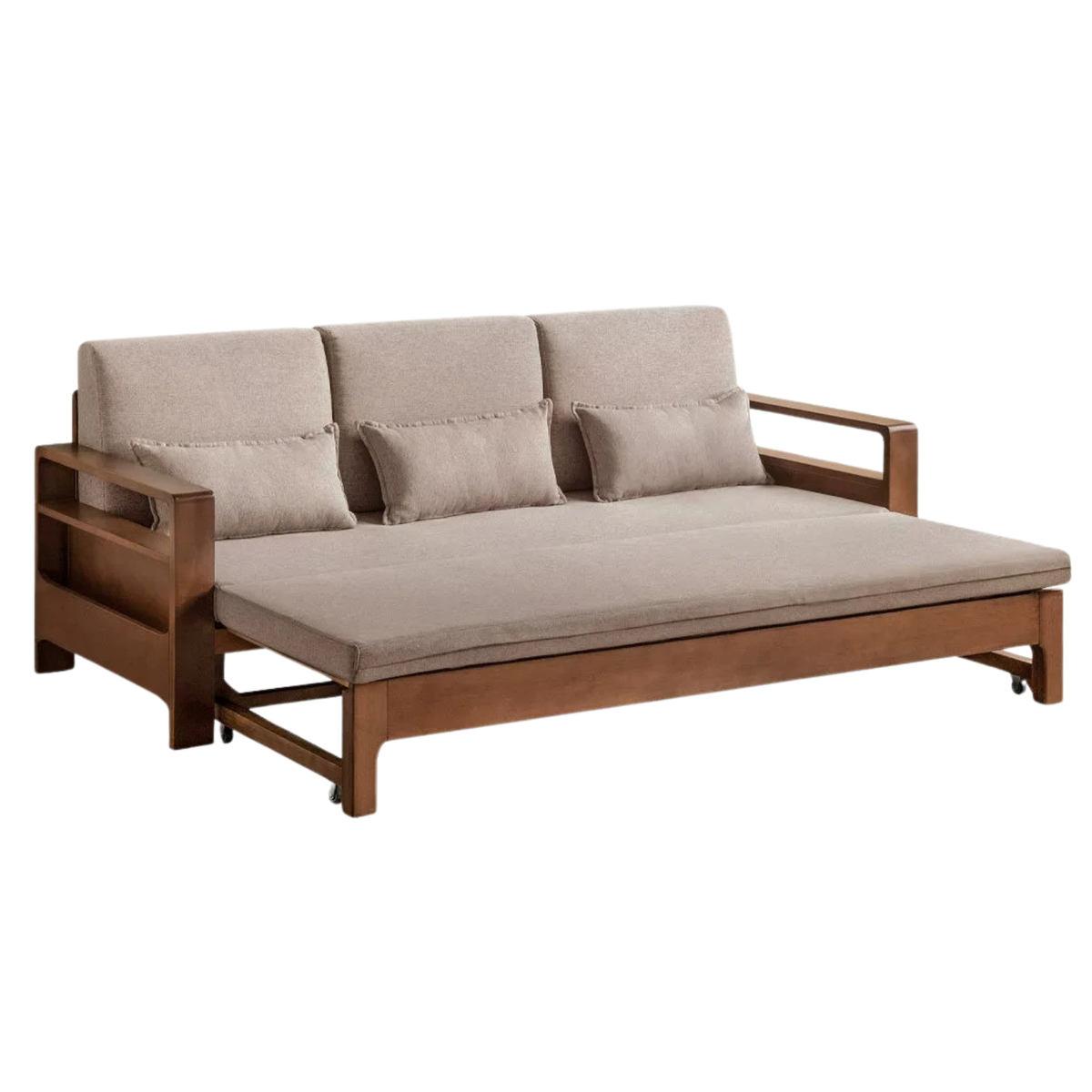 Oak, Beech Sofa Bed with Wood Frame and Side Storage Pocket