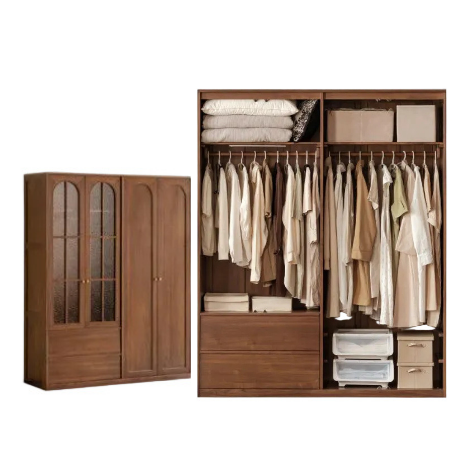 Black Walnut Solid Wood Wardrobe with French Retro Style and Double Doors