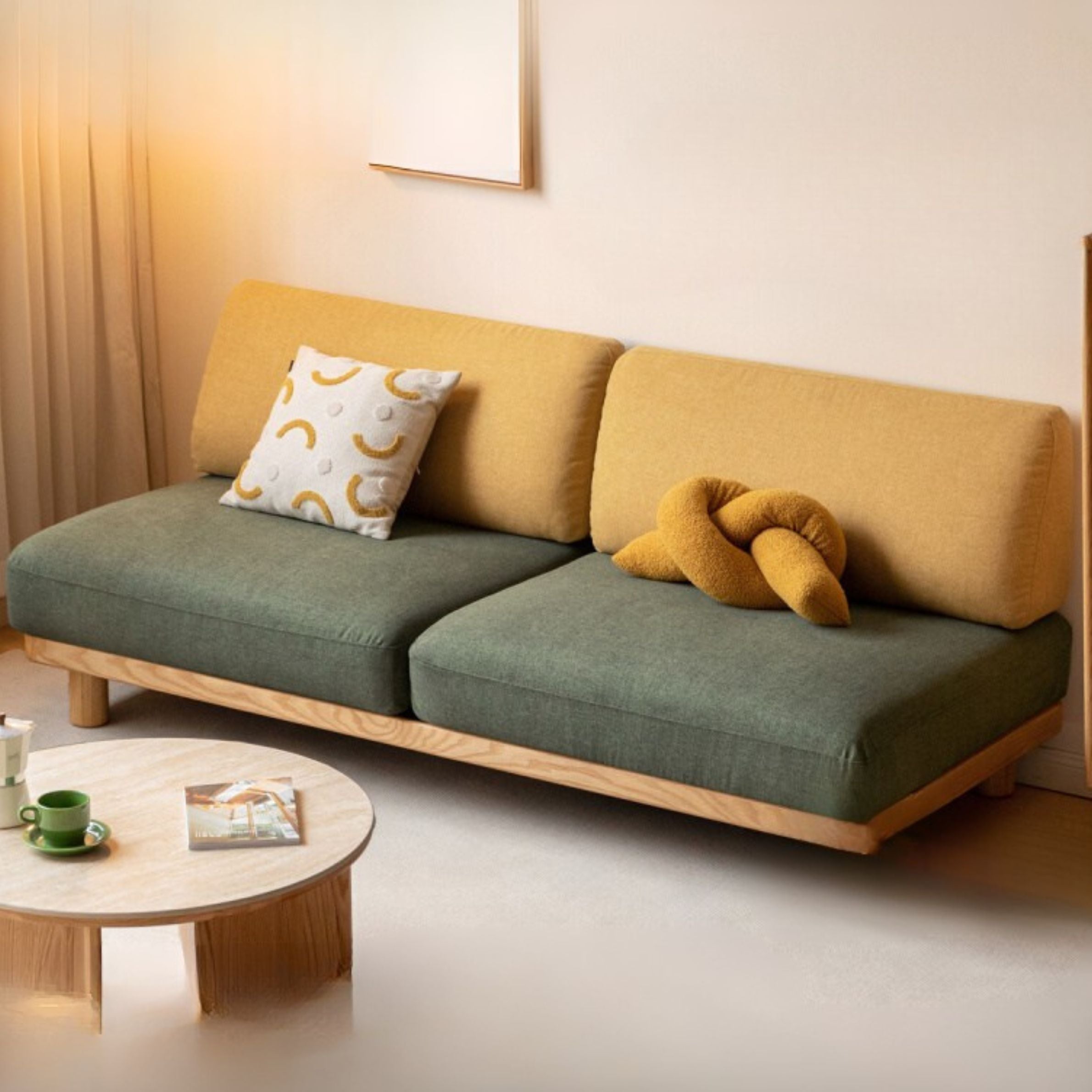 Oak Solid Wood Sofa Imitation Cotton and Linen