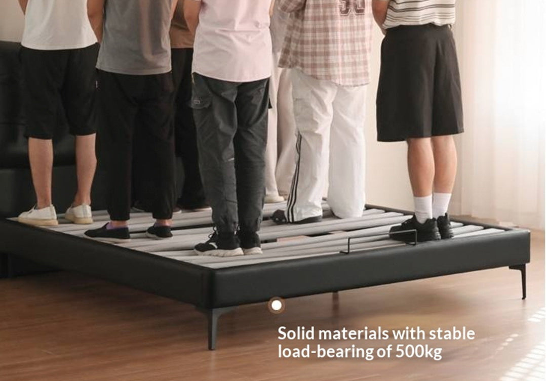 Genuine Leather Upholstered Double Bed in Solid Wood Frame