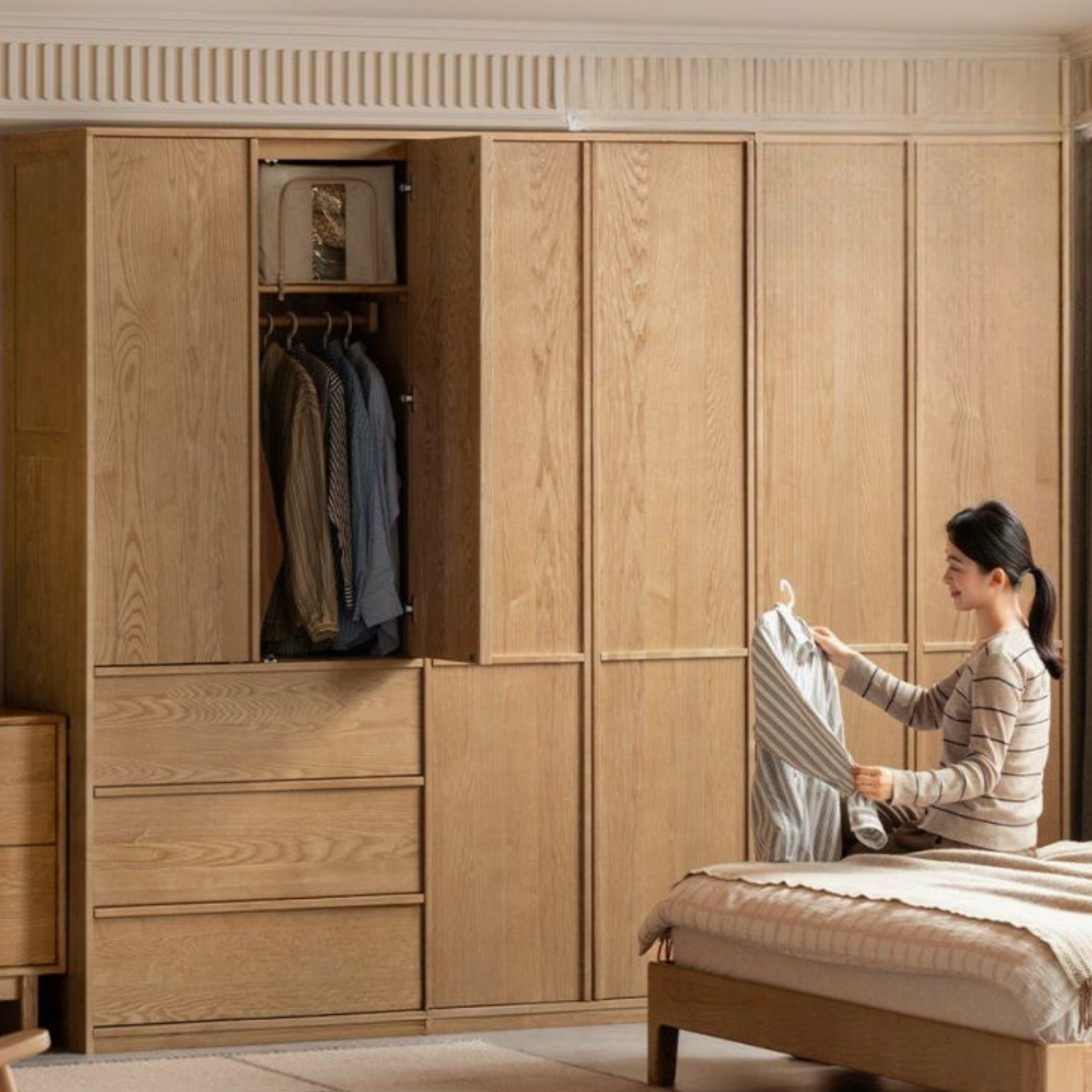 Ash Solid Wood Wardrobe with Minimalist Design and Storage Space