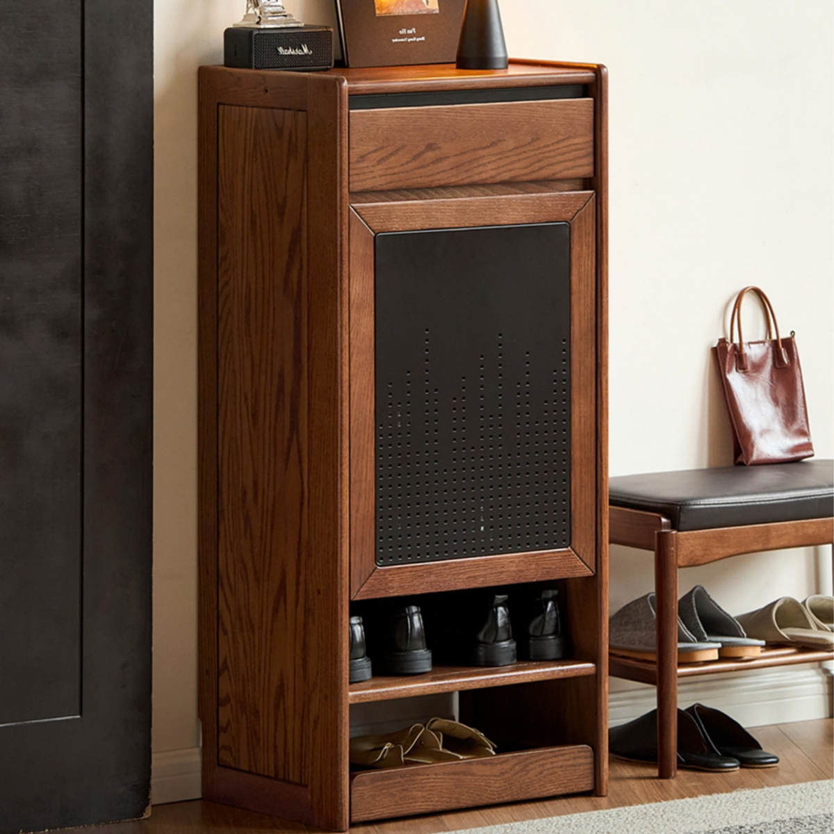 Oak Solid Wood Narrow Shoe Storage Cabinet with Flip-Top Compartment and Perforated Metal Door