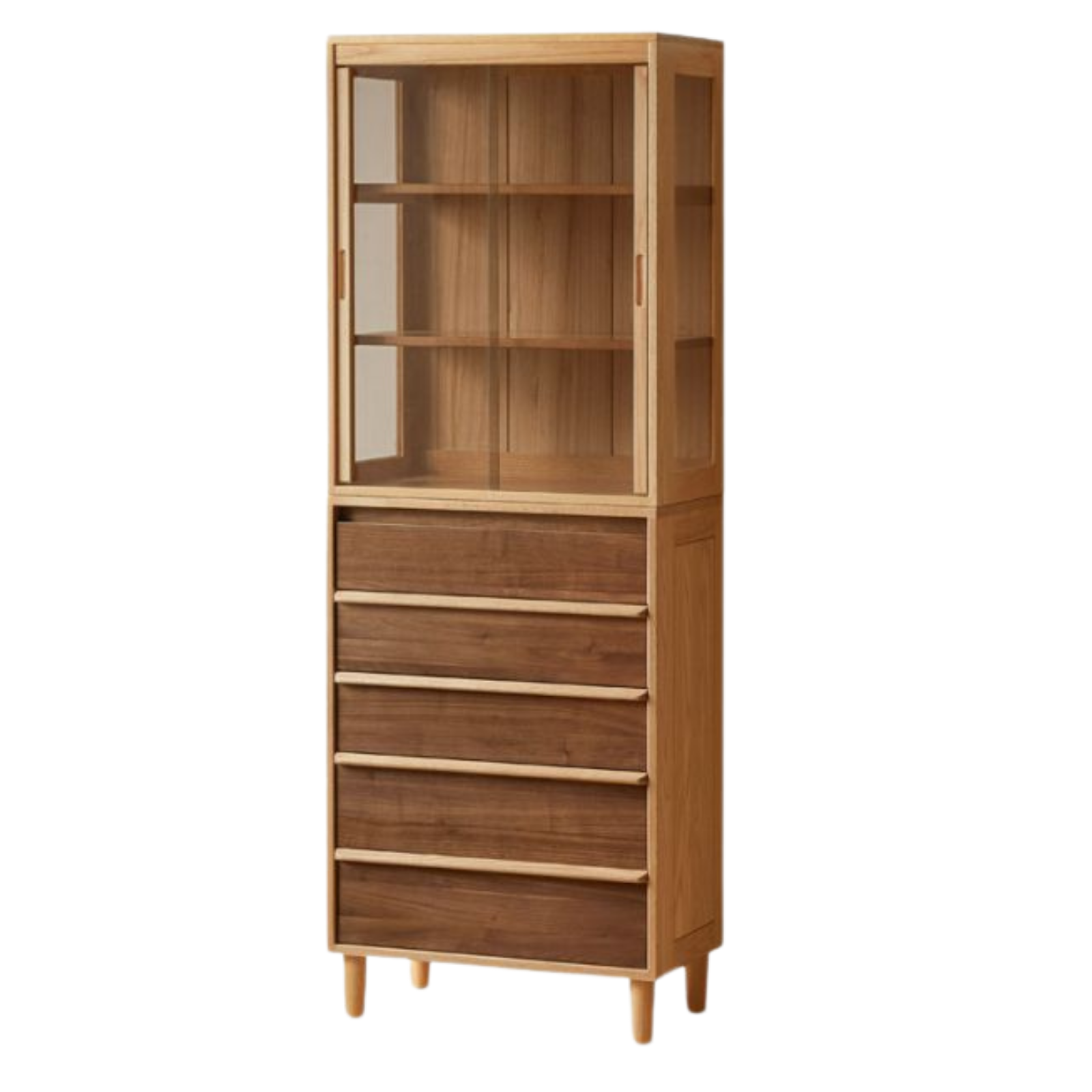 Black Walnut, Oak Solid Wood Glass Display Cabinet with Drawers