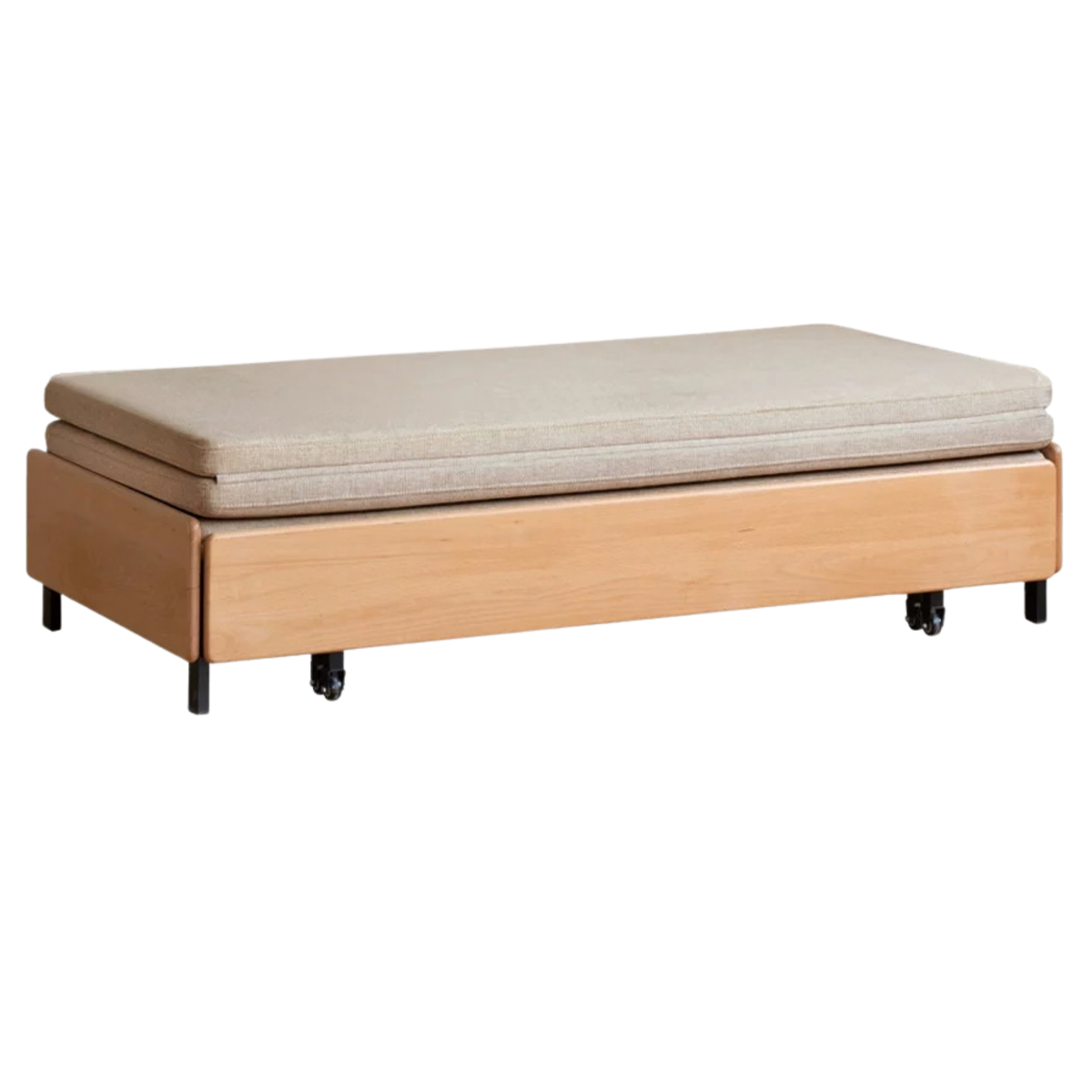 Oak Solid Wood Convertible Ottoman Sleeper Bed with Rolling Casters