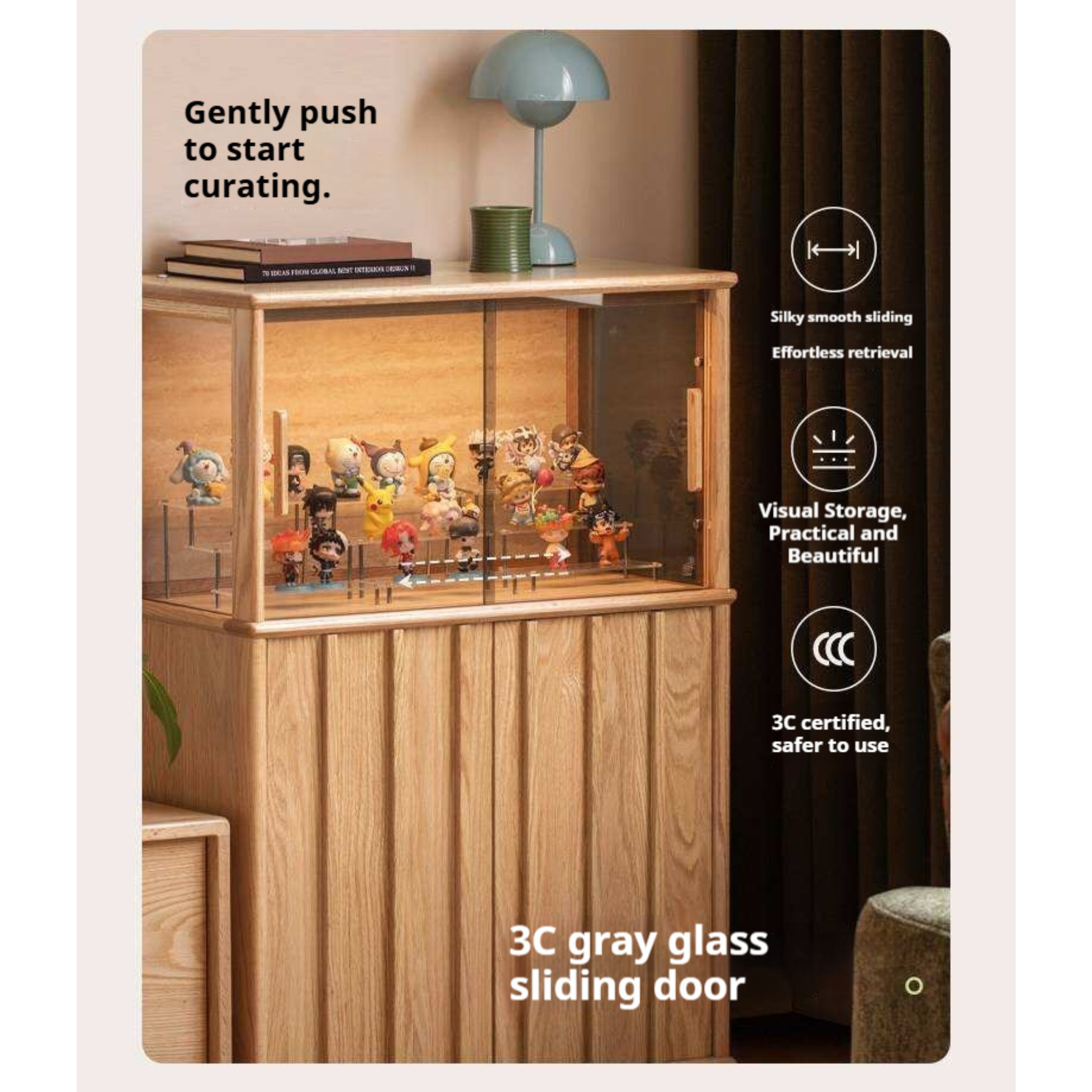 Oak Solid Wood Lighted Display Cabinet with Glass Door and Fluted Wood Panels