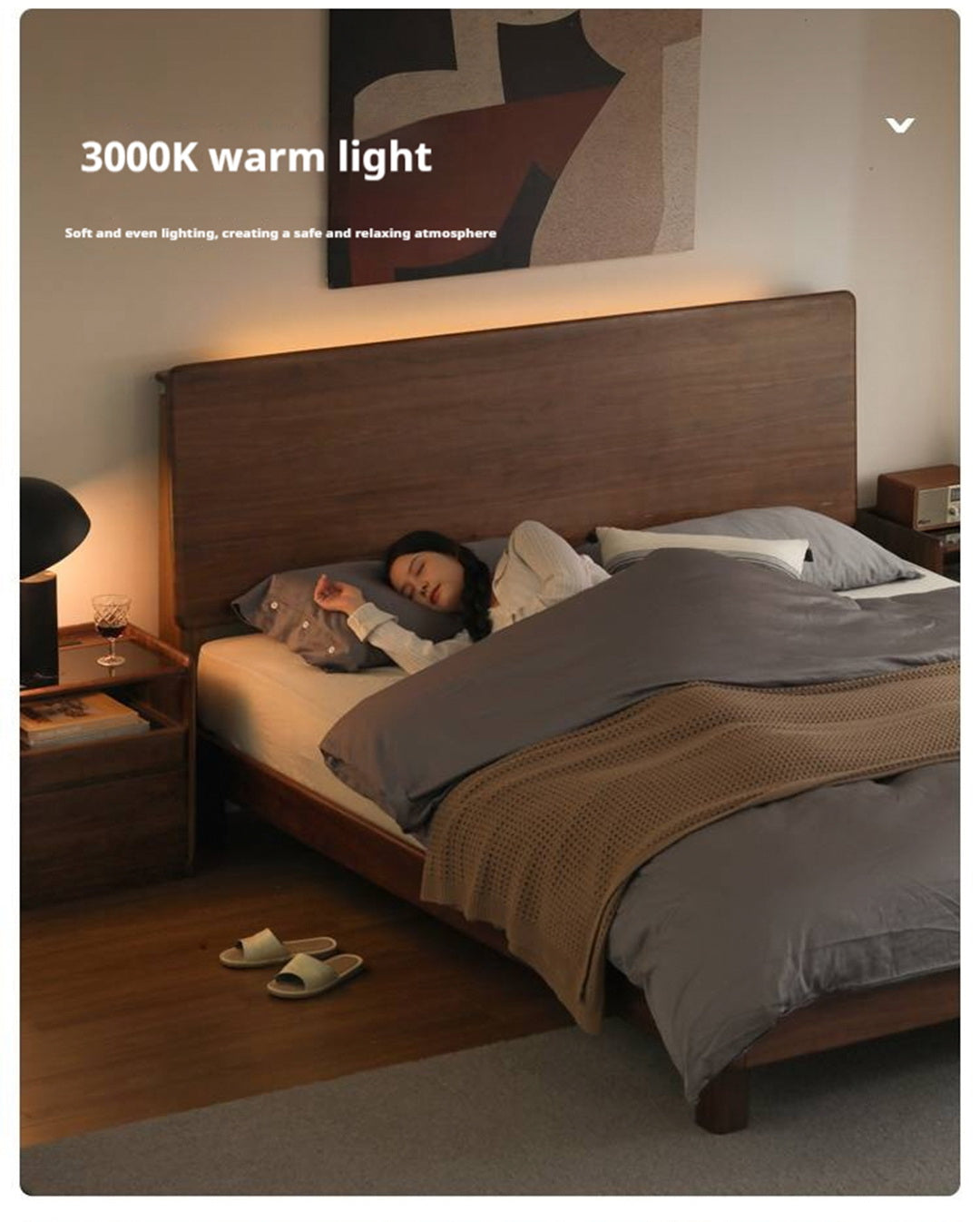 Black Walnut, Teak Solid Wood Bed with High Headboard