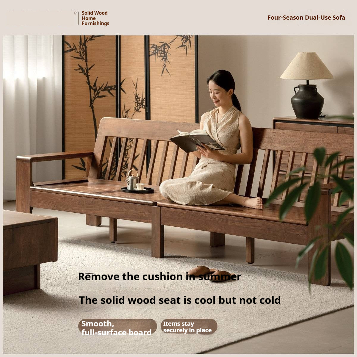 Black Walnut, Sandalwood Solid Wood Fabric Sofa with Raised Legs, Winter/Summer Use