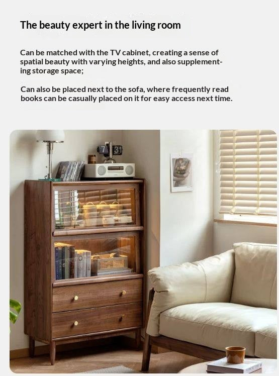 Sandalwood, Black Walnut, Oak Solid Wood Side Cabinet Flip Door LED Lights