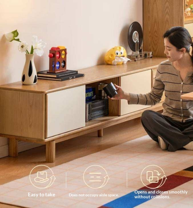 Ash Solid Wood TV Cabinet with Color Block Storage Design