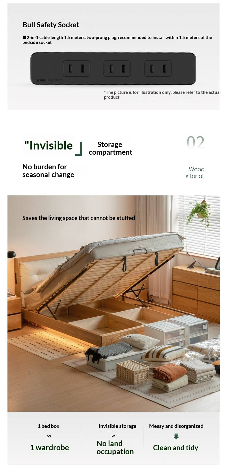 Oak Solid Wood Modern Leather Storage Bed, LED Lighting and USB Charging