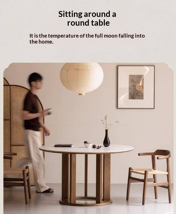 Ash Solid Wood Rock Plate Dining Table with Rotary Wheel