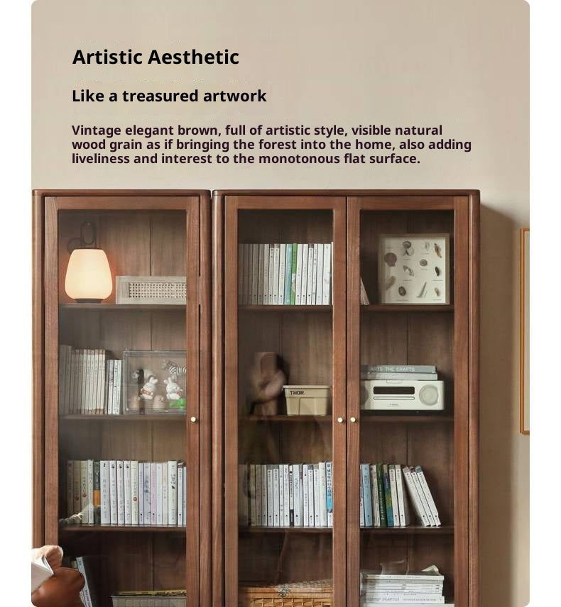 Black Walnut Solid Wood Bookcase With Glass Door