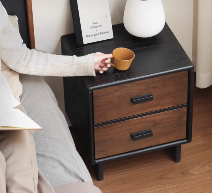 Black Walnut + Oar Solid Wood Two-Tone 2-Drawer Nightstand with Black Legs and Bar Pulls