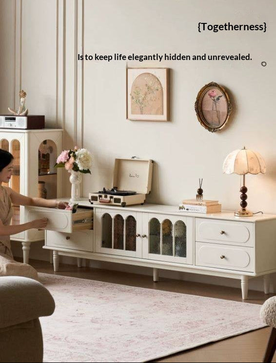 Solid RubberWood French Country TV Console with Arched Glass Doors