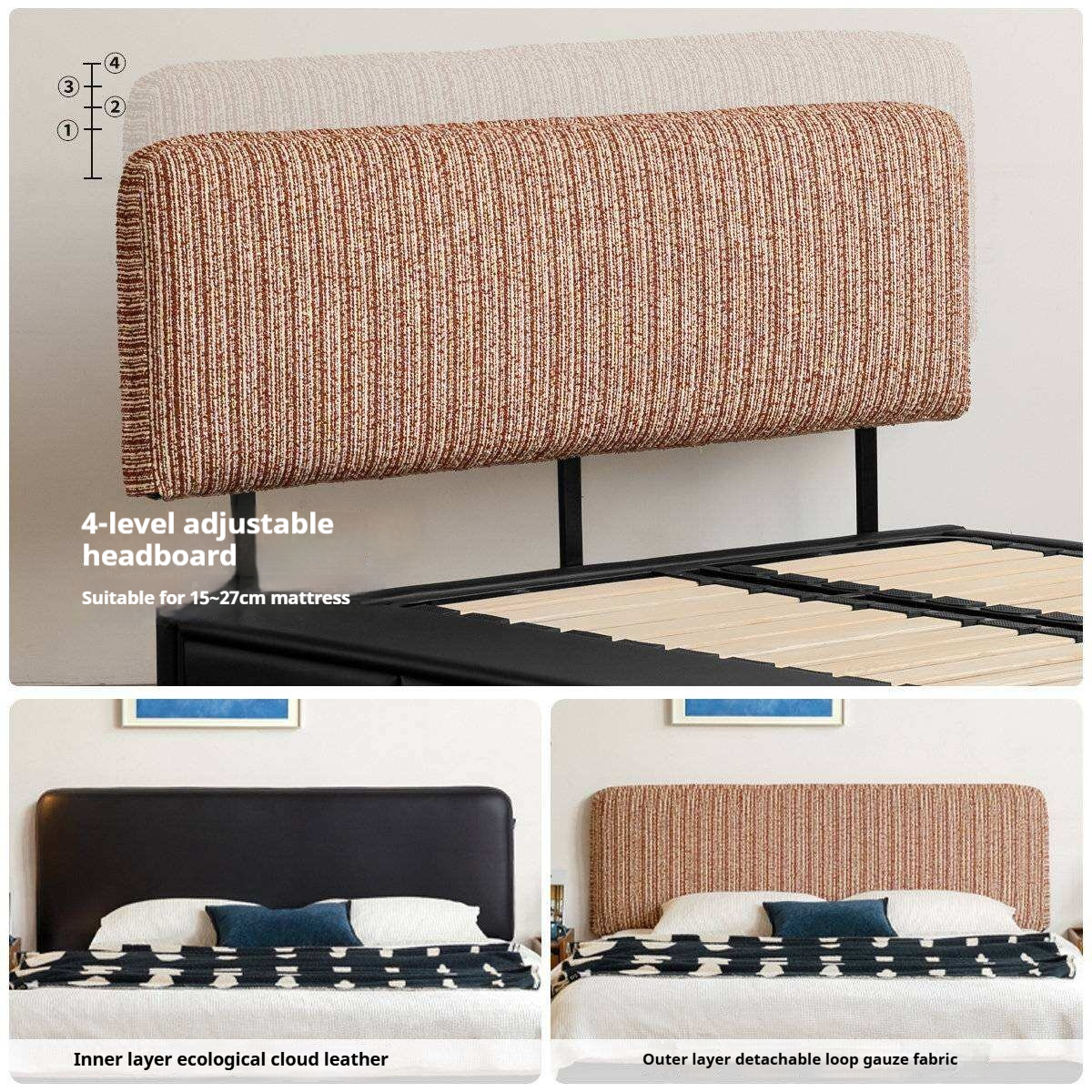 Terracotta Corduroy Storage Bed with Adjustable Headboard and Black Faux Leather Base