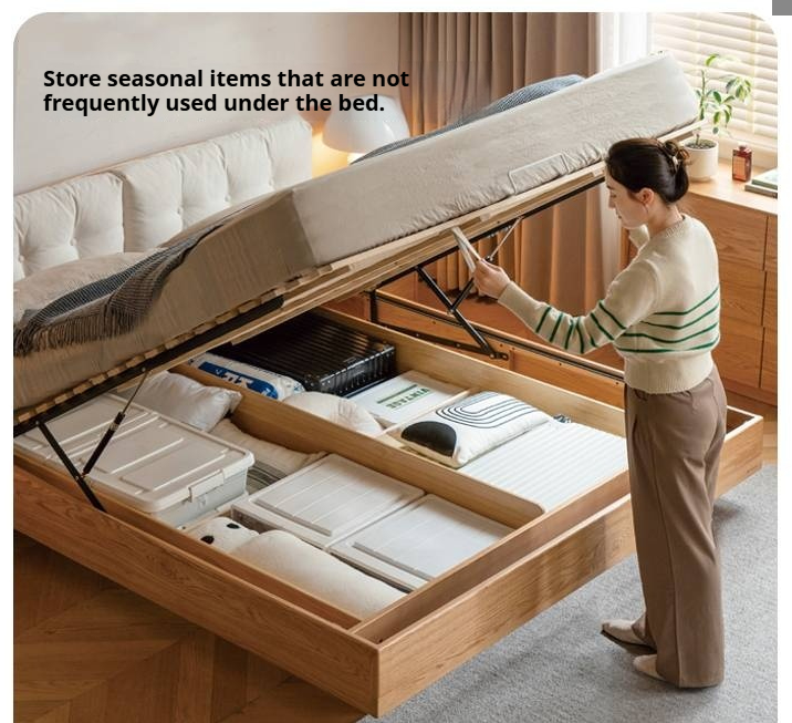 Oak Solid Wood with Upholstered Headboard Luminous Box Bed Cream Style