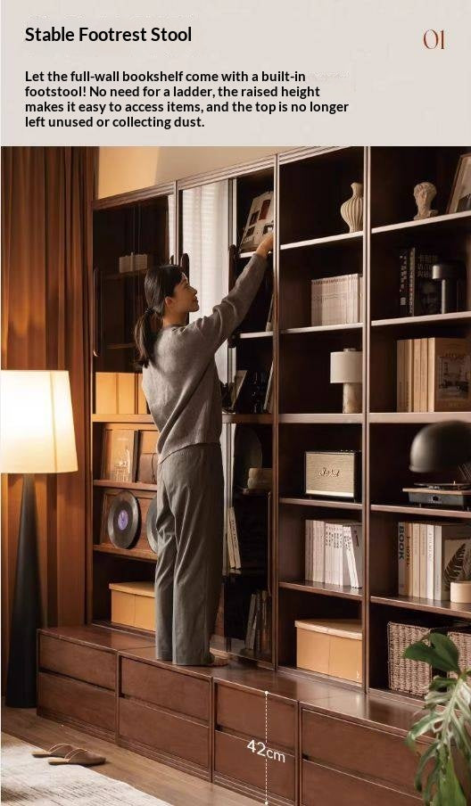Solid Longan Hardwood, Ash Solid Wood Bookcase with Floor-to-Deck and Wall-Mounted Display Cabinet