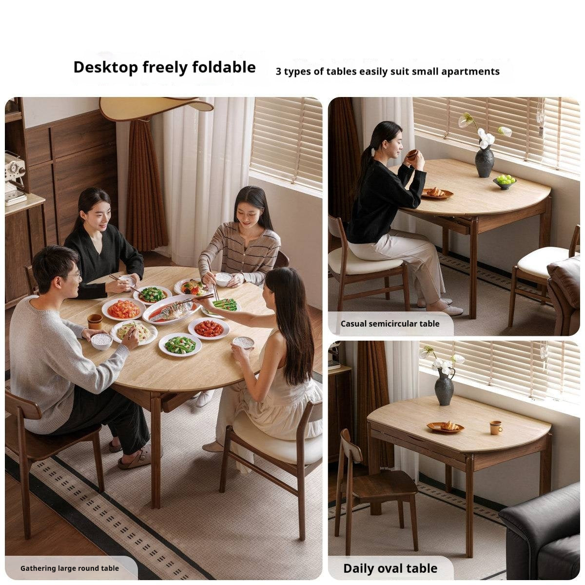 Black Walnut Solid Wood Folding Dining Table with Rock Plate Round Top