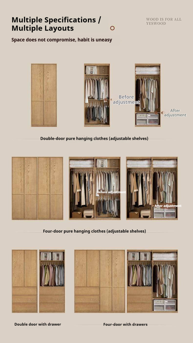 Ash Solid Wood Wardrobe with Minimalist Design and Storage Space