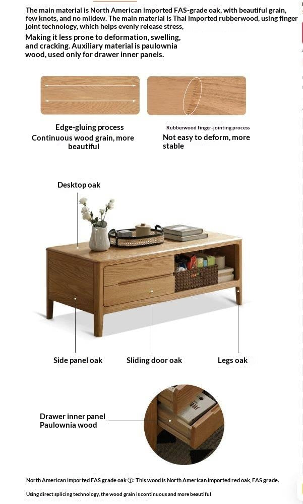 Oak, Solid Rubberwood Coffee Table Three Drawers