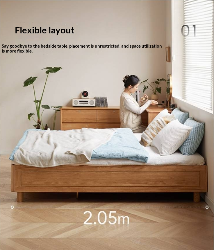 Oak Solid Wood Platform Box Bed, Headboard-Free Box Bed