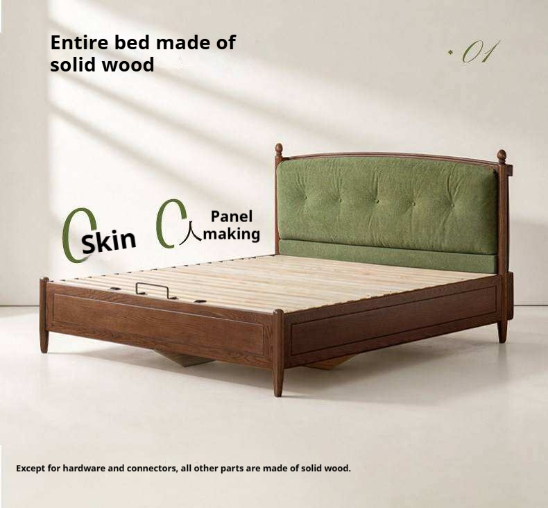 Oak Solid Wood French Country Tufted Storage Bed with Gas Lift and Turned Posts