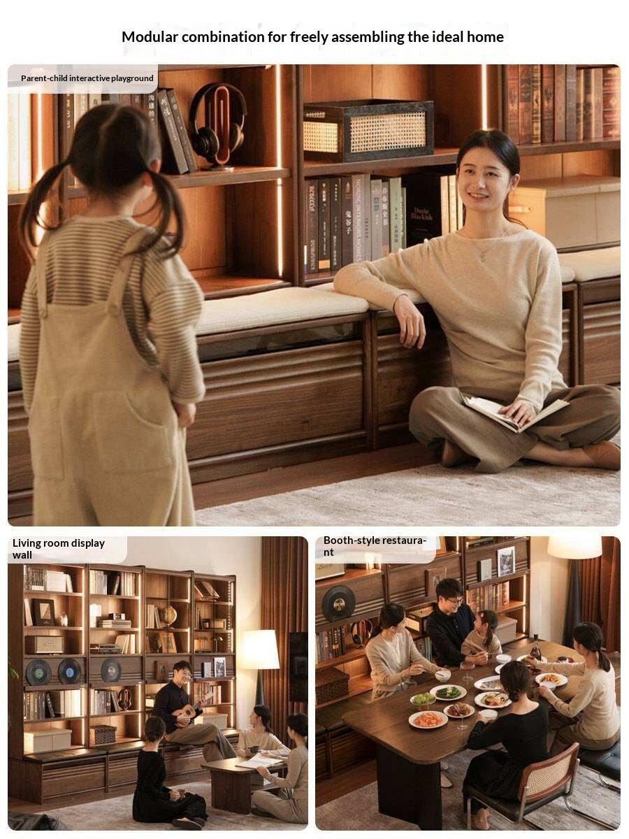 Black Walnut Solid Wood Integrated Wall Bookcase with Floor Display