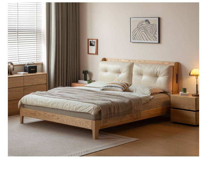 Oak Solid Wood Modern Leather Bed