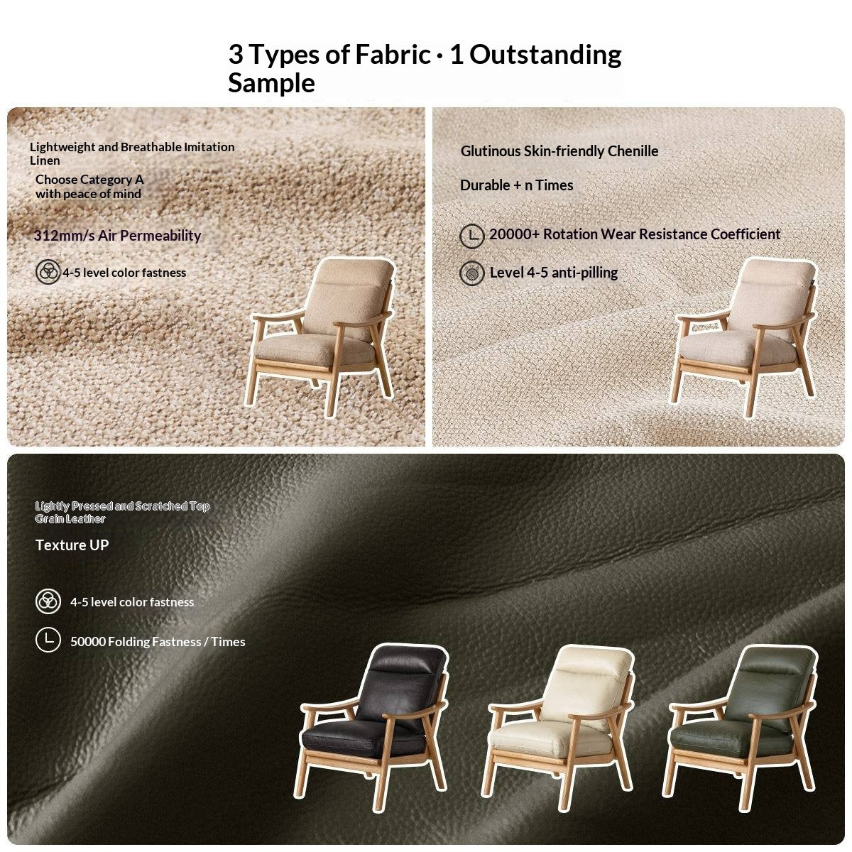 2 pcs Ash Solid Wood Genuine Leather, Fabrics Accent Chair, Modern Minimalist Lounge Chair