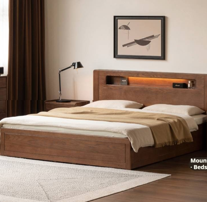 Oak Solid Wood Modern Minimalist Multifunctional with Light Box Bed