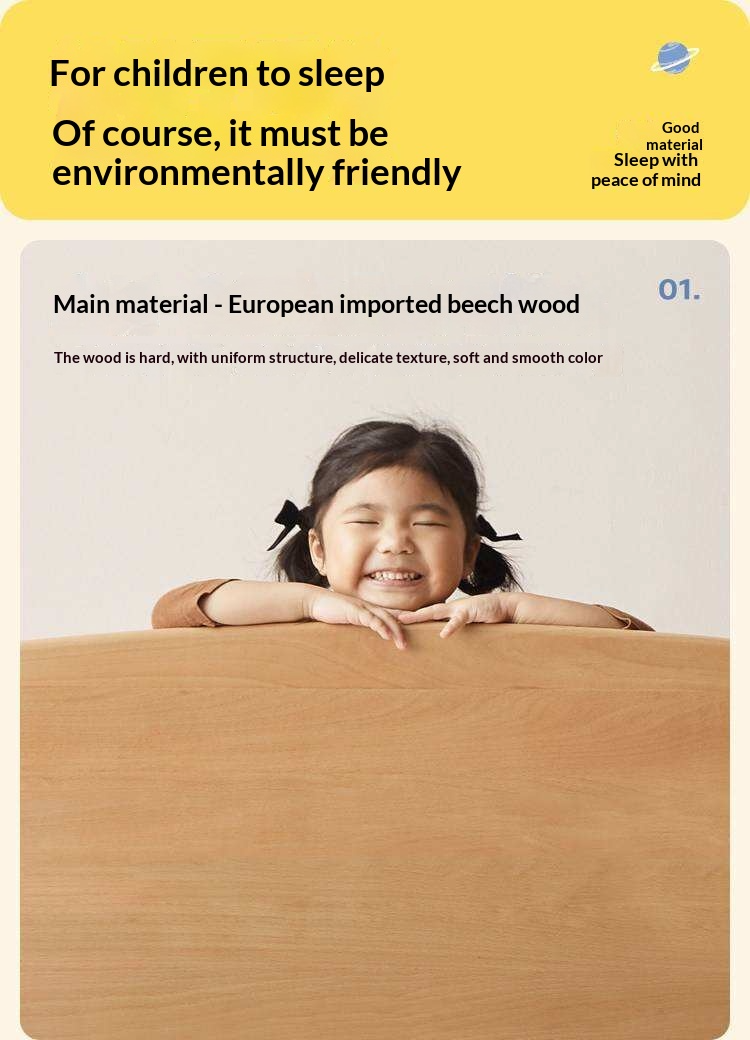 Beech Solid Wood Kids Montessori Platform Bed with Upholstered Headboard