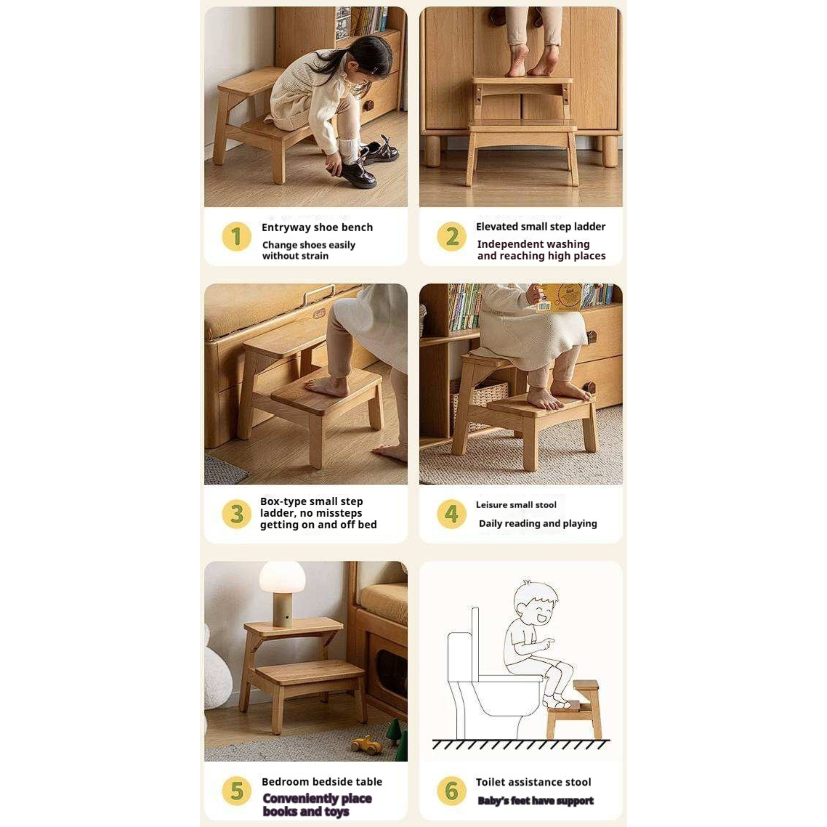 Beech Solid Wood Kids Multifunctional Low Foot Chair,Step Stool