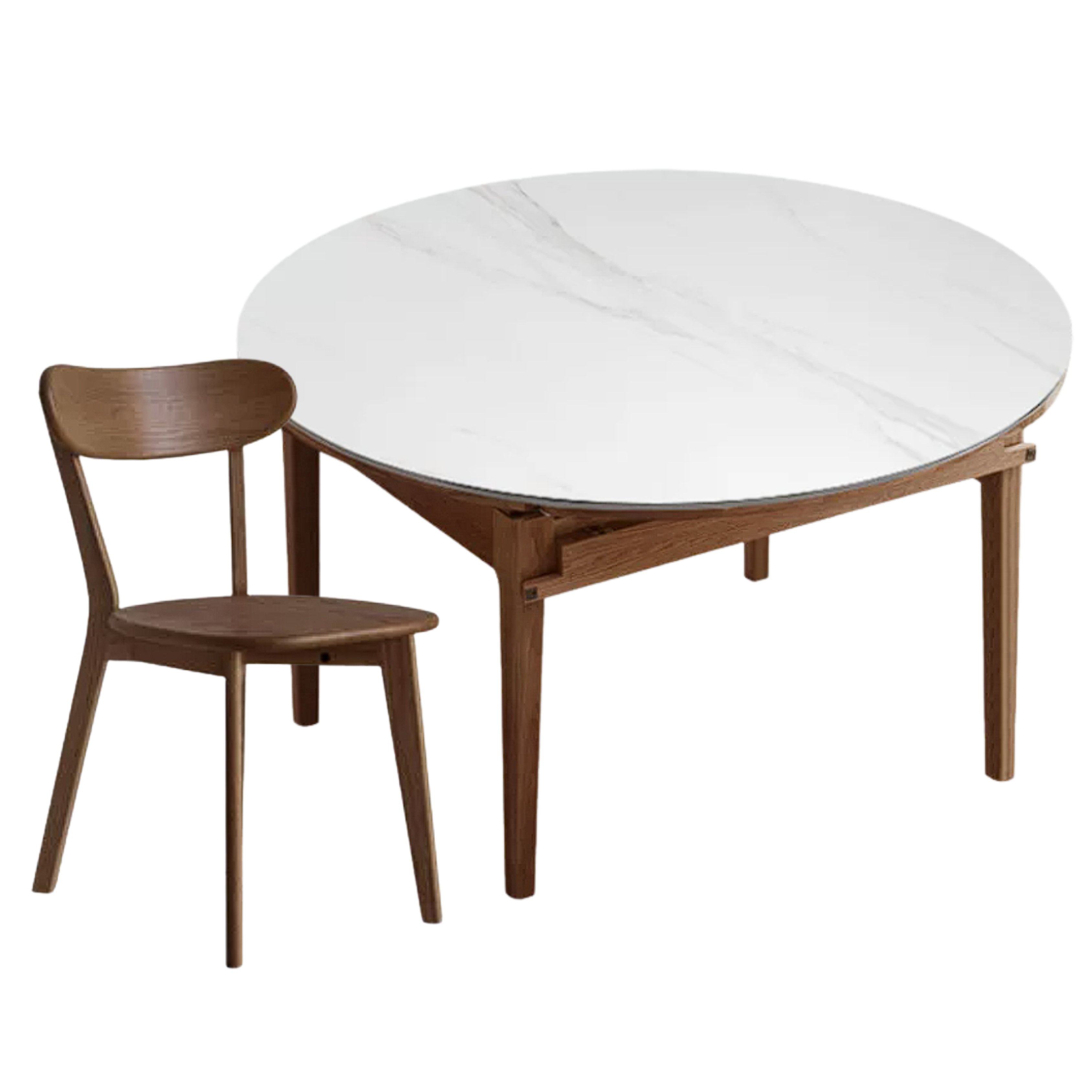 Oak, Solid Rubberwood Round Folding Dining Table With Rock Slab Surface
