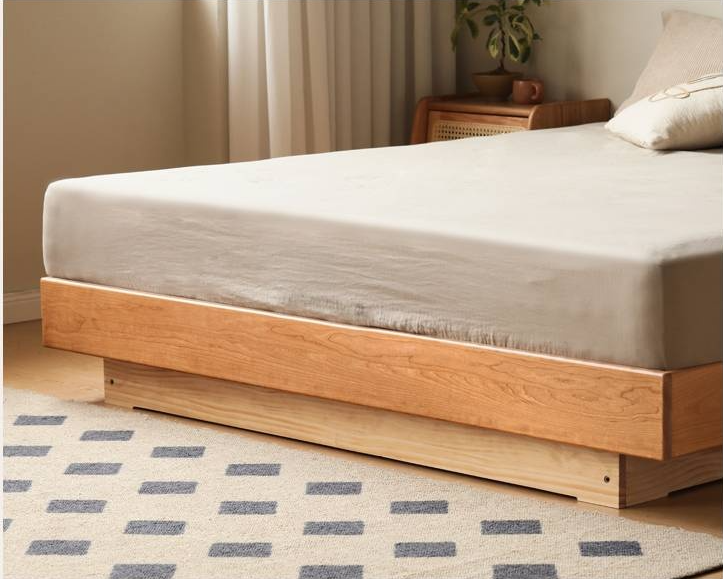 Cherry Solid Wood Floating Platform Box Bed, Headboard-Free Bed