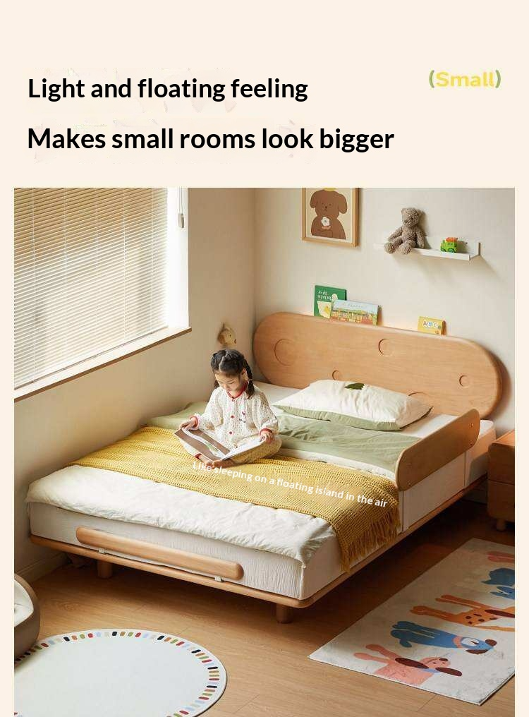 Beech Solid Wood Kids Floating Bed with Night Light and Optional Guardrails