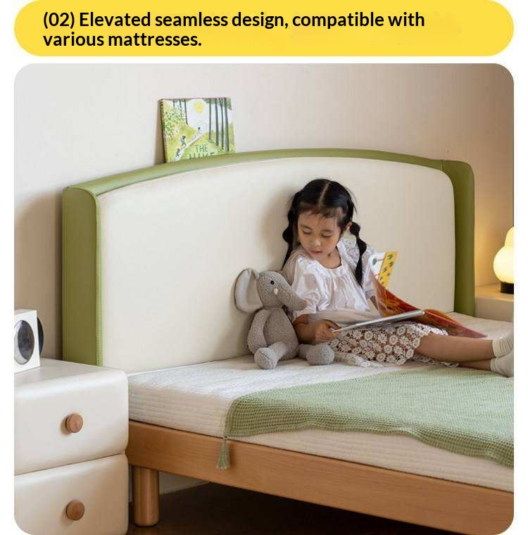 Beech Solid Wood Kids Upholstered Low Platform Bed with Curved Headboard