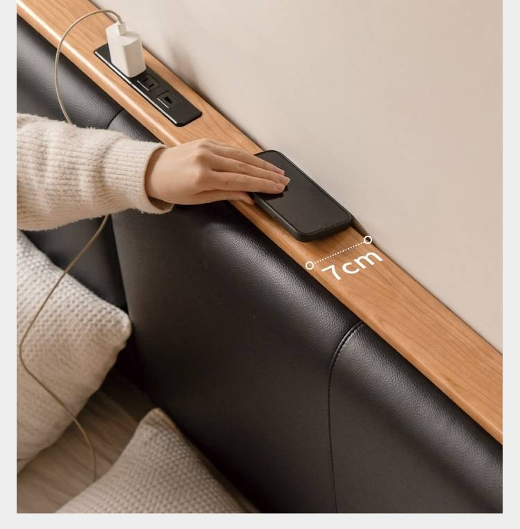 Cherry Solid Wood Bed with Top Layer Cowhide Soft Headboard Retro Style