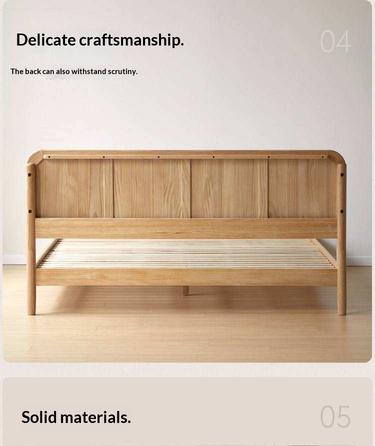 Oak Solid Wood Platform Bed with Curved Rattan Headboard