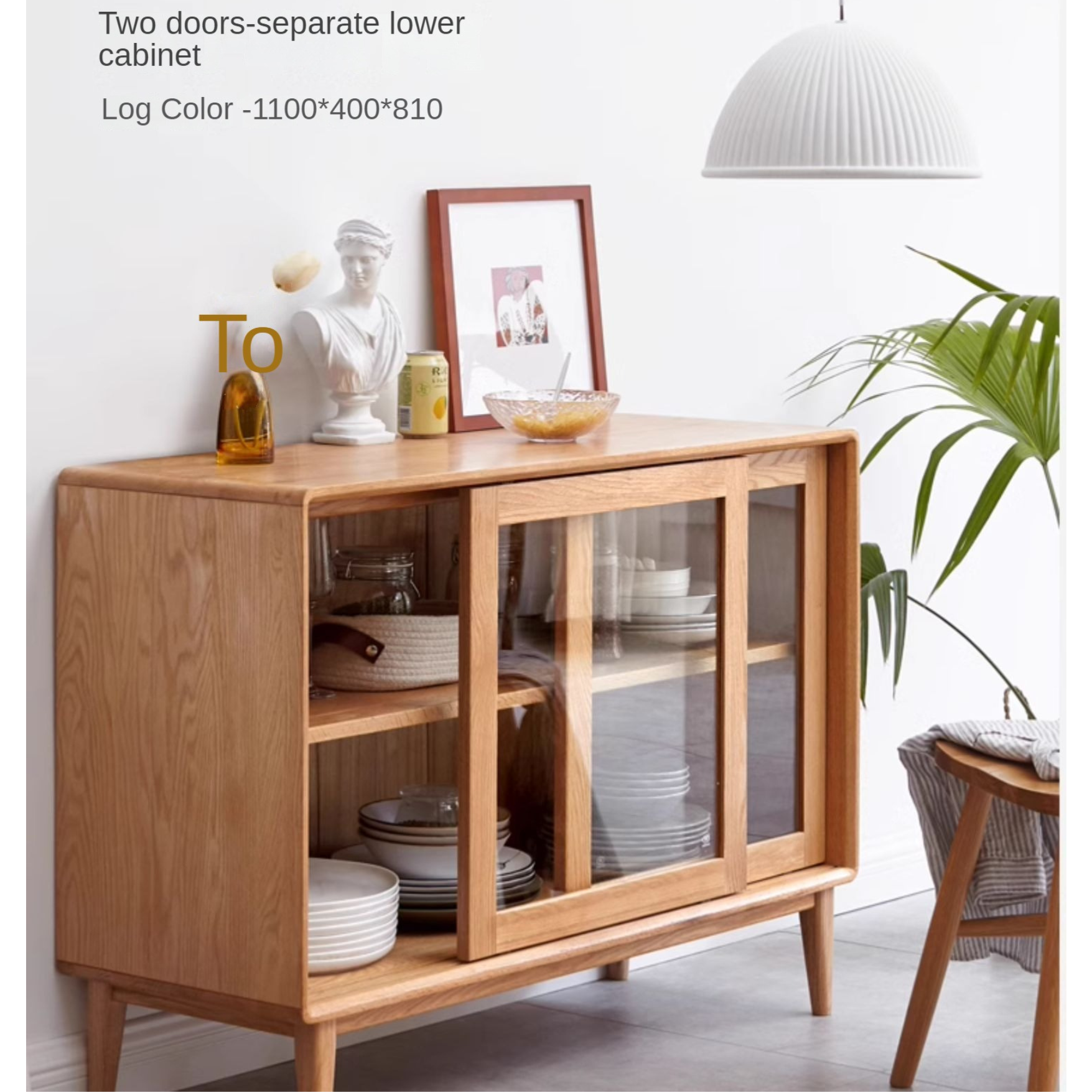 Oak solid wood Nordic sideboard integrated against the wall,