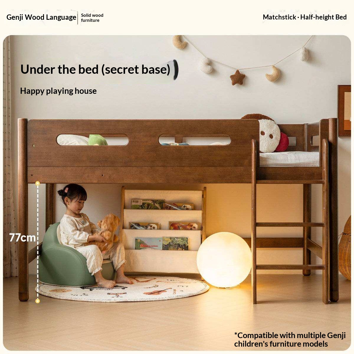 Rubberwood Solid Wood Mid-Height Kids Loft Bed with Staircase and Bookshelf Storage
