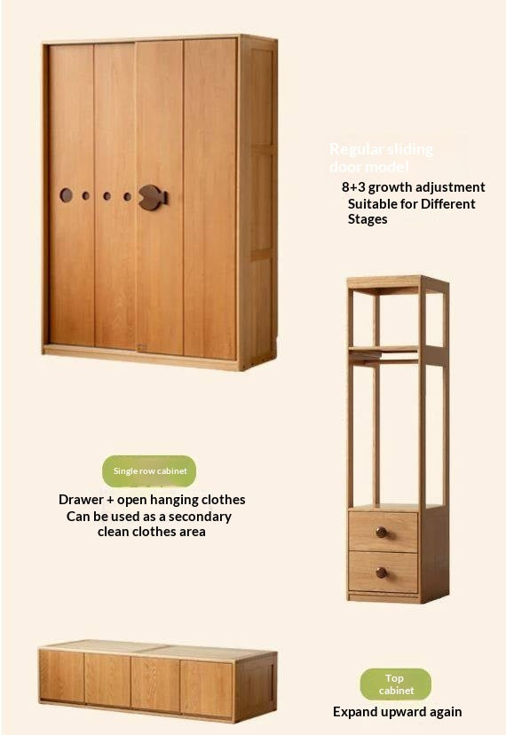 Beech Solid Wood Kids Sliding Door Wardrobe with Adjustable Shelves