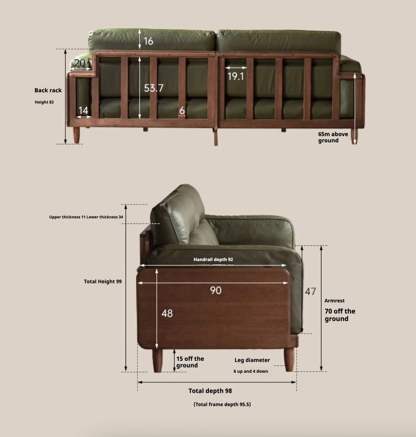 Sandalwood, Ash Solid Wood Genuine Leather, fabric High-Back Sofa