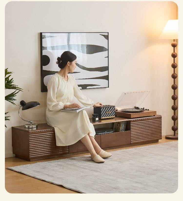 Solid RubberWood Fluted TV Media Console with Drawers and Open Shelf