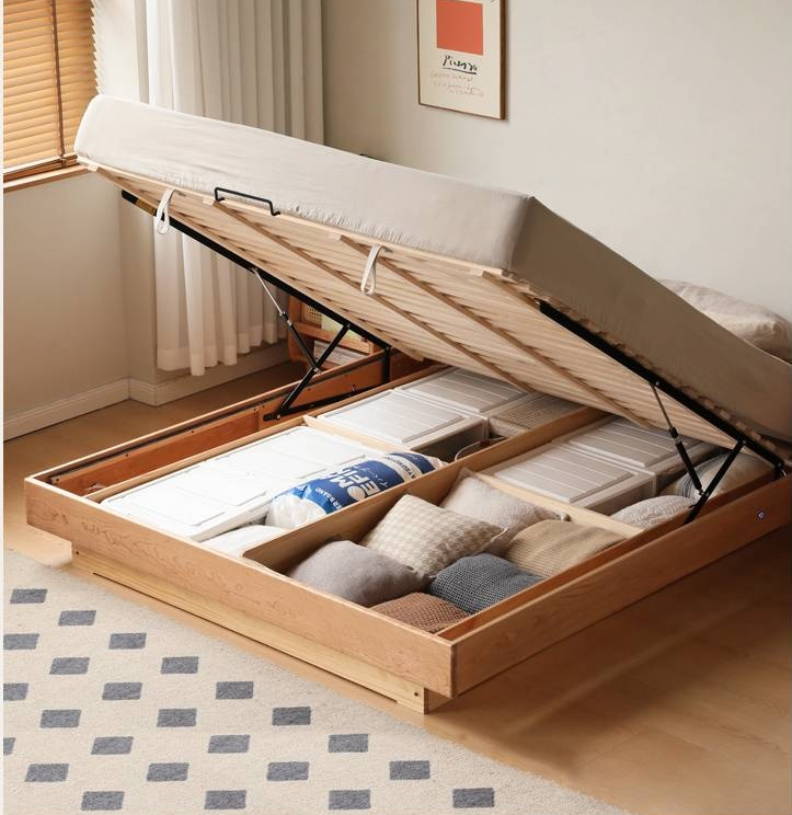 Cherry Solid Wood Floating Platform Box Bed, Headboard-Free Bed