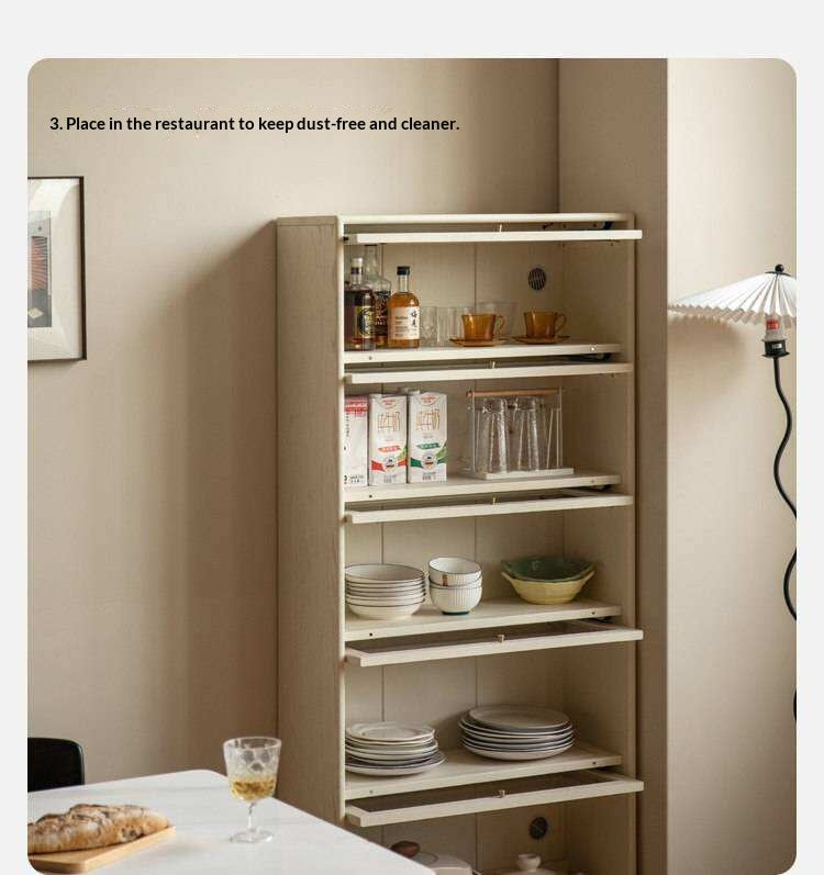 Oak Solid Wood Bookcase Cream Flip Door Glass Display Cabinet