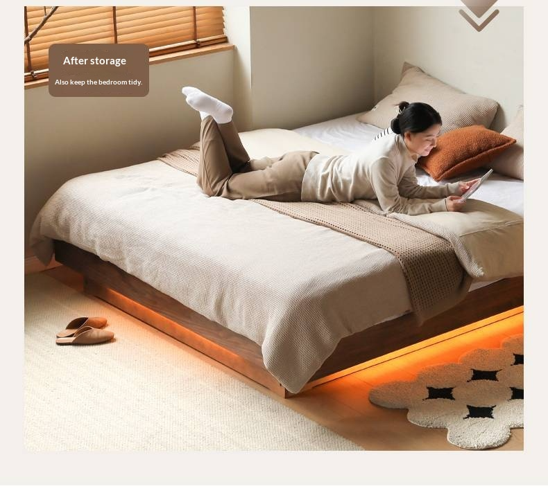 Black Walnut Solid Wood Platform Box Bed, Headboard-Free Bed Night Light Suspended Bed